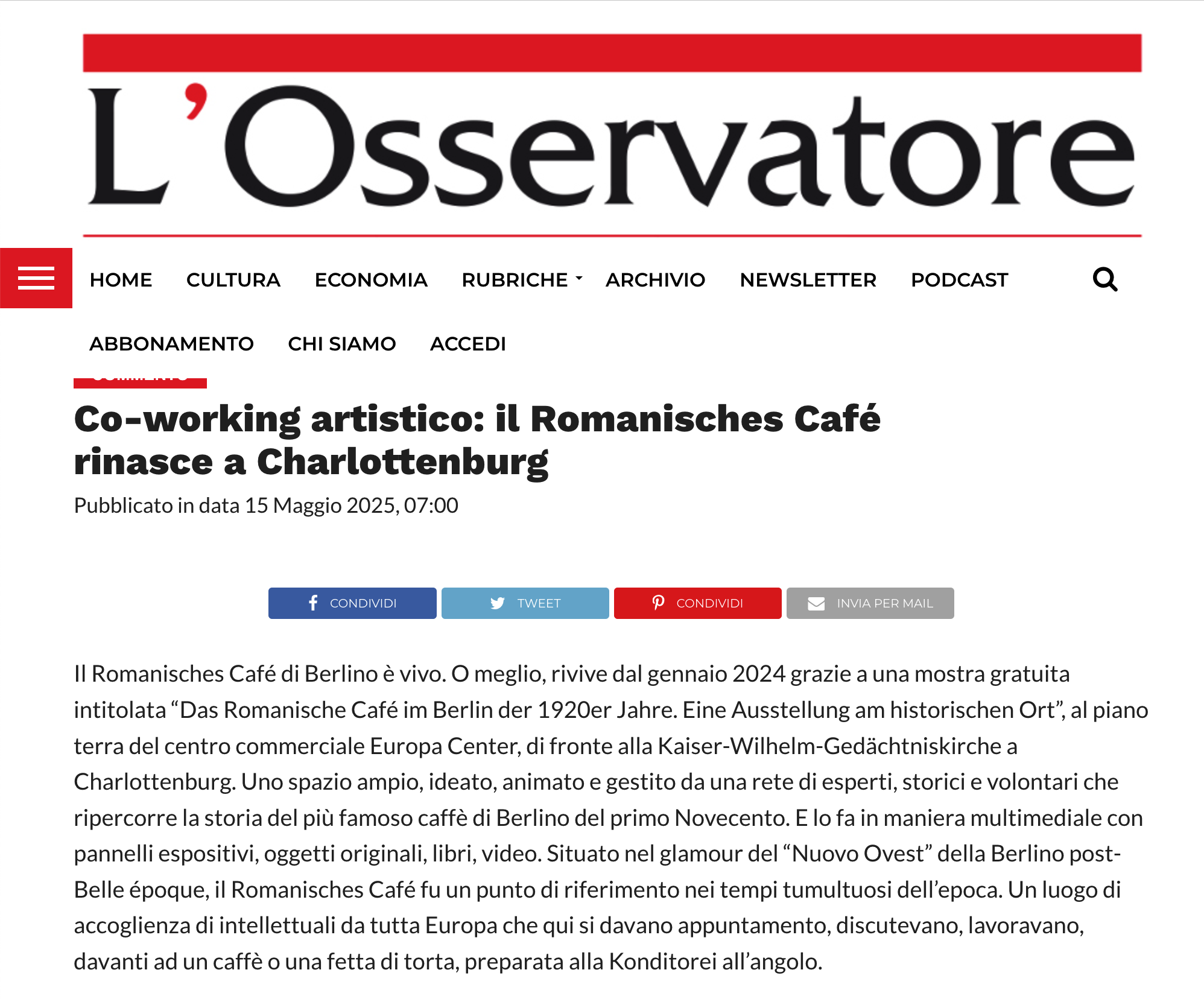  Commento Co-working artistico: il Romanisches Café rinasce a Charlottenburg Pubblicato in data 15 Maggio 2025