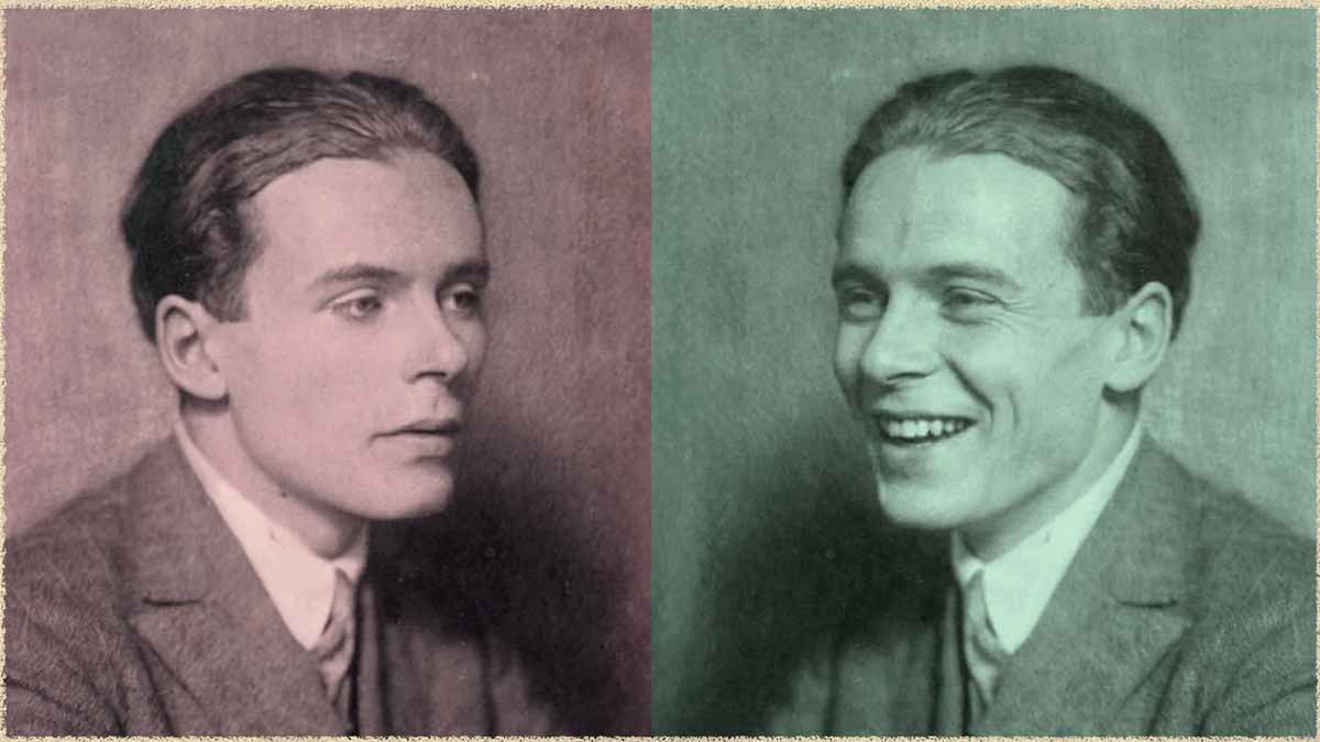 Bildquelle (linker Ausschnitt): ETH-Bibliothek Zürich, Thomas-Mann-Archiv / Fotograf: Unbekannt / TMA_1211. Rechter Teil des Bildes aufgefüllt mit einem KI-generierten „lachenden Spiegelbild“